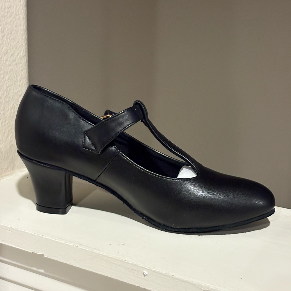 Bokimd T-Strap Latin Salsa Ballroom Dance Heels LEATHER BLACK Womens Size 7 - Picture 5 of 8